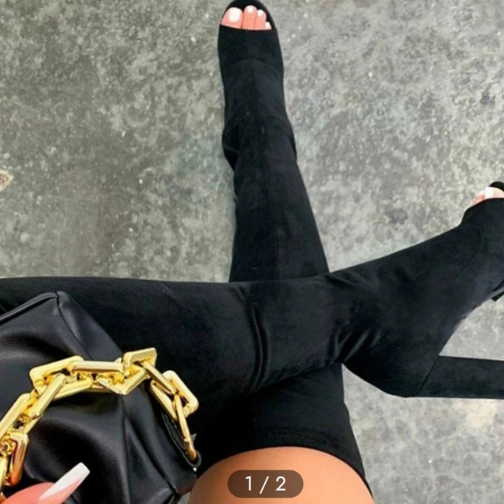 heart in D. Peep Toe Over The Knee Thigh High Suede Boots On Chunky Block Heel